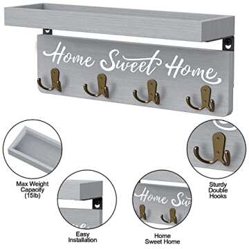 buways Key and Mail Holder Wall-Mounted,Wooden Key Rack Hanger Holder for Wall with 4 Double Key Hooks, Rustic Wall Home Decor for Entryway Living Room (Gray)