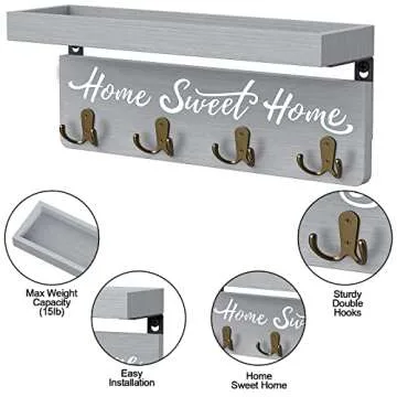 buways Key and Mail Holder Wall-Mounted,Wooden Key Rack Hanger Holder for Wall with 4 Double Key Hooks, Rustic Wall Home Decor for Entryway Living Room (Gray)