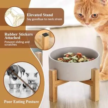 Elevated Ceramic Cat Bowl with Bamboo Stand for Pets