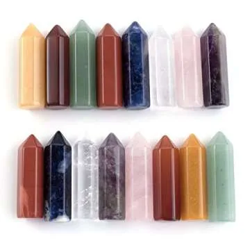 Jovivi 8pcs 35mm Chakra Crystals Quartz Healing Wands Kit Reiki Tumbled 6 Facet Single Point Stones Bohemian Meditation Set