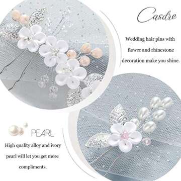 Casdre Flower Bridal Hair Pins Pearl Bride Wedding Hair Accessories Rhinestone Hair Piece for Women and Girls(Pack of 3) (A Silver)