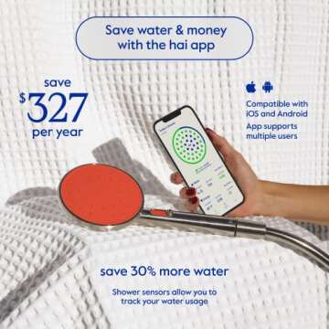 hai Smart Shower Head, Bluetooth Handheld Water Saving Showerhead with Adjustable High Pressure to Spa-Like Mist, Stainless Steel, Easy Installation, Customizable LED Lights, Persimmon, 1.8 GPM