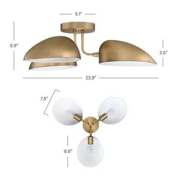 Nathan James Argo Semi Mount Flush Ceiling Light, 3-Lights Modern Retro Lighting with Black Rounded Shades for Hallway, Dining Room and Bedroom, Vintaged Brass
