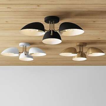 Nathan James Argo Semi Mount Flush Ceiling Light, 3-Lights Modern Retro Lighting with Black Rounded Shades for Hallway, Dining Room and Bedroom, Vintaged Brass