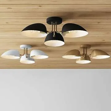 Nathan James Argo Semi Mount Flush Ceiling Light, 3-Lights Modern Retro Lighting with Black Rounded Shades for Hallway, Dining Room and Bedroom, Vintaged Brass