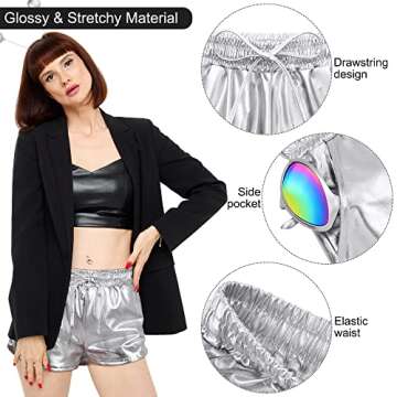 SOMSOC 2 Pack Halloween Women's Metallic Drawstring Shorts Hot Shiny Sparkly Rave Yoga Pants with Alien Headband Glasses