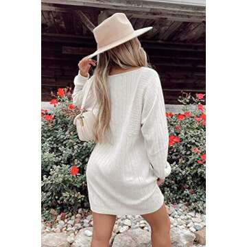 PRETTYGARDEN Women's Pullover Sweater Dresses Casual Long Sleeve Ribbed Knit Crewneck Loose Oversized Sweaters (Beige White,Medium)