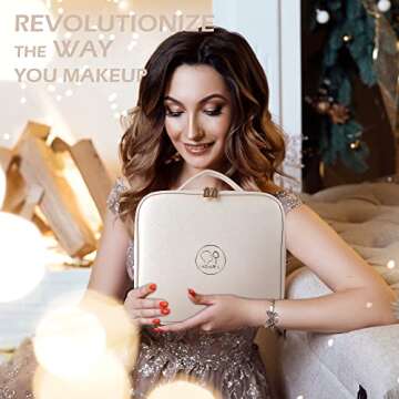 MOMIRA Makeup Bag with Mirror and Light Travel Makeup Train Case Cosmetic Bag Organizer Portable Artist Storage Bag with Adjustable Dividers Makeup Brushes Storage Organizer Brilliant Creamy White