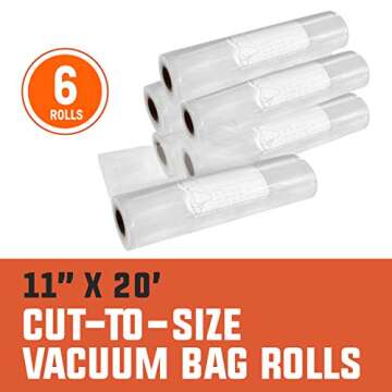 PrimalTek 11” x 20’ Cut-to-Size Vacuum Bag Rolls — 6 Rolls Included, User Friendly for Food Preservation — Microwave, Freezer and Boil Safe, BPA-Free, Compatible with Most Vacuum Sealer Machines