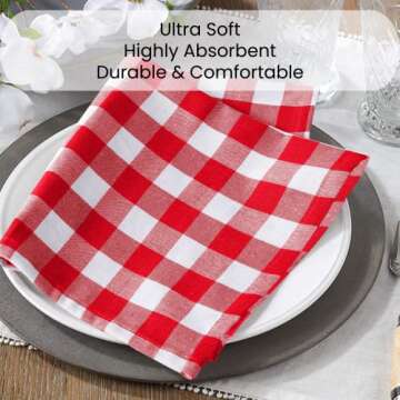Dine n Decor Buffalo Plaid Cloth Napkins 100% Cotton - Ideal for Events Wedding Christmas Easter - Perfect Everyday Use Cloth Napkins 18x18 - Set of 12 Gingham Check Napkins- Red White