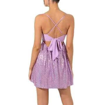Women Sparkly Sequin Mini Dress Spaghetti Strap Backless Ruche High Waist Short Dresses Elegant Party Dress(B6- Purple,S)