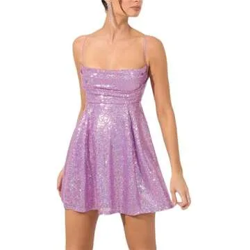 Women Sparkly Sequin Mini Dress Spaghetti Strap Backless Ruche High Waist Short Dresses Elegant Party Dress(B6- Purple,S)