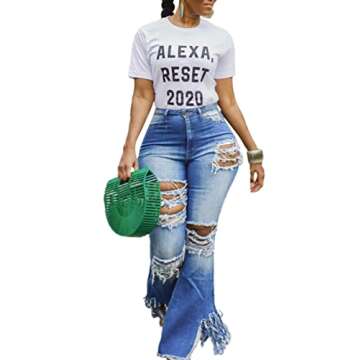 LaiyiVic Skinny Ripped Bell Bottom Jeans for Women Stretchy High Waisted Hole Distressed Flared Jean Denim Pants