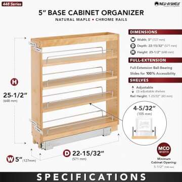 Rev-A-Shelf 5" Pullout Kitchen Cabinet Storage Organizer Slide Out Pantry Spice Rack with Adjustable Shelves for 5.5" W Cabinet Opening, 448-BC-5C
