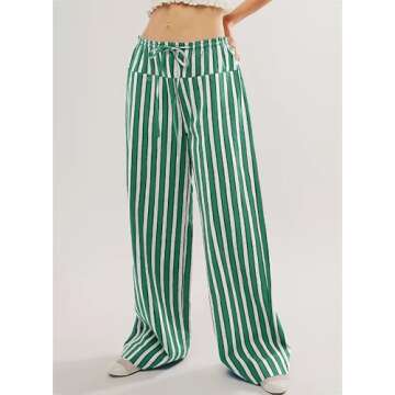 Acelitt Women Casual Striped Color Block Pants Drawstring Elastic Waist 2025 Fall Fashion Comfy Loose Wide Leg Pants Trousers with Pockets Light Green Large