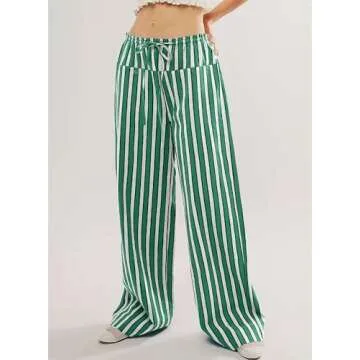 Acelitt Women Casual Striped Color Block Pants Drawstring Elastic Waist 2025 Fall Fashion Comfy Loose Wide Leg Pants Trousers with Pockets Light Green Large