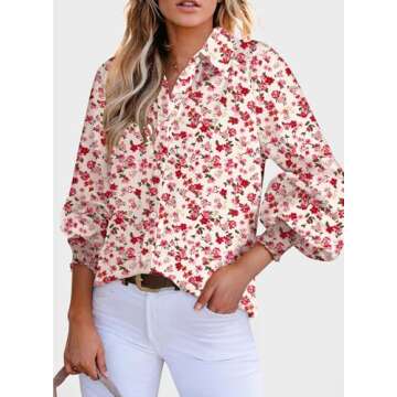 Dokotoo Womens Long Sleeve Tops for Women Work Business Button Down Ladies Blouses and Tops Loose Fit Dressy Allover Floral Print V Neck Office Boho Tunic Top 2025 Trendy Fall Outfits Red Large