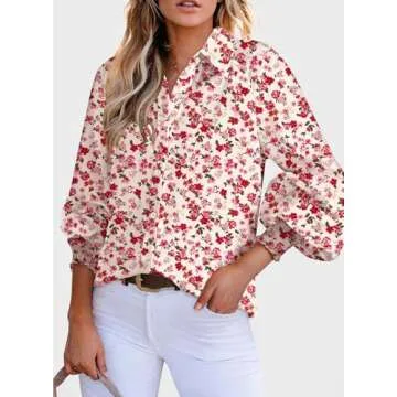 Dokotoo Womens Long Sleeve Tops for Women Work Business Button Down Ladies Blouses and Tops Loose Fit Dressy Allover Floral Print V Neck Office Boho Tunic Top 2025 Trendy Fall Outfits Red Large