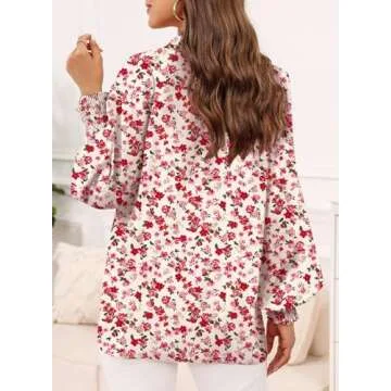 Dokotoo Womens Long Sleeve Tops for Women Work Business Button Down Ladies Blouses and Tops Loose Fit Dressy Allover Floral Print V Neck Office Boho Tunic Top 2025 Trendy Fall Outfits Red Large