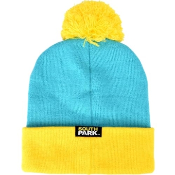 South Park Cartman Cosplay Knitted Acrylic Winter Beanie Hat with Pom Pom, Turquoise/Yellow, One Siz...