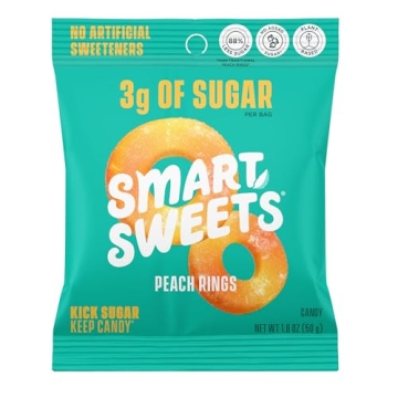 SmartSweets Peach Rings Gummy Candy (Low Sugar, 3g, 130 Calories) 12-Pack