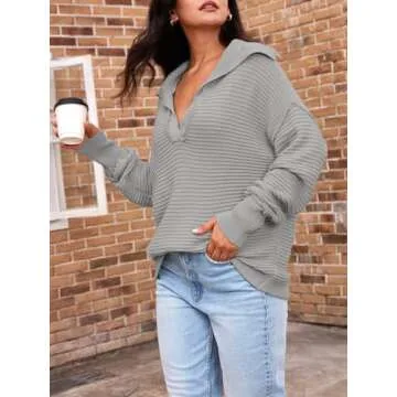 LILLUSORY Womens V Neck Oversized Sweaters Long Batwing Sleeve Asymmetrical Knit Pullover Fall Fashion 2025 Grey L