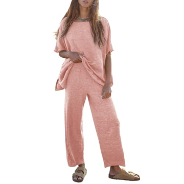 Tankaneo Women's 2 Piece Travel Outfits Casual Short Sleeve Knit Sweater Set Wide Leg Pants Lounge S...