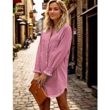 Zilcremo Women Denim Shirt Dresses Long Sleeve Distressed Jean Dress Button Down Casual Tunic Top Ho...