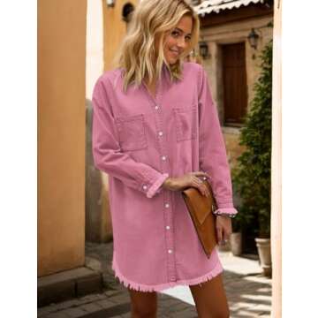 Zilcremo Women Denim Shirt Dresses Long Sleeve Distressed Jean Dress Button Down Casual Tunic Top Hotpink XXL