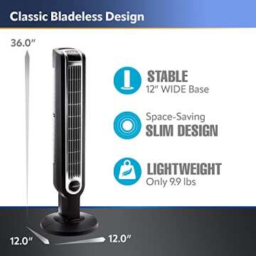 Lasko Oscillating Tower Fan, 3 Quiet Speeds, Timer, Remote Control, for Bedroom, Kitchen, Office, 36", Black, 2511