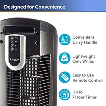 Lasko Oscillating Tower Fan, 3 Quiet Speeds, Timer, Remote Control, for Bedroom, Kitchen, Office, 36", Black, 2511