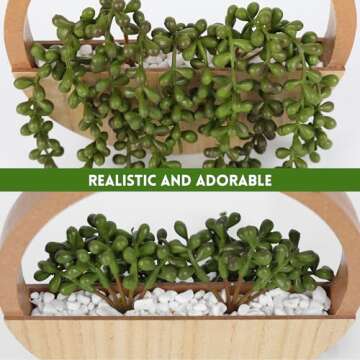 Floweroyal 2pcs Artificial Succulents Hanging Plants 12.2'' Fake String of Pearls in Pot with 8.3'' Lanyard for Indoor Outdoor Wall Decor（Wood Color）.