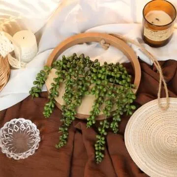 Floweroyal 2pcs Artificial Succulents Hanging Plants 12.2'' Fake String of Pearls in Pot with 8.3'' Lanyard for Indoor Outdoor Wall Decor（Wood Color）.