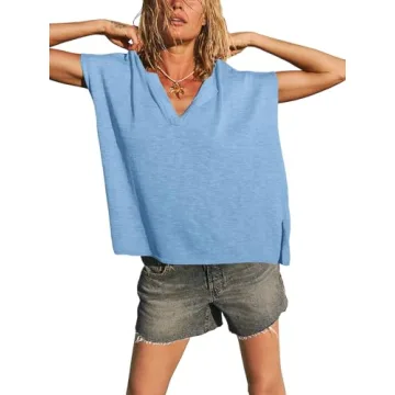 Saodimallsu Womens V Neck Cap Sleeve Sweater Tops Summer Casual Loose Fit Side Split Basic Clothes S...