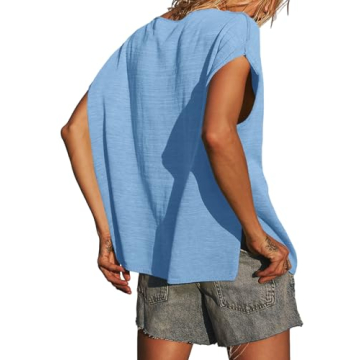 Saodimallsu Womens V Neck Cap Sleeve Sweater Tops Summer Casual Loose Fit Side Split Basic Clothes Shirts Blue