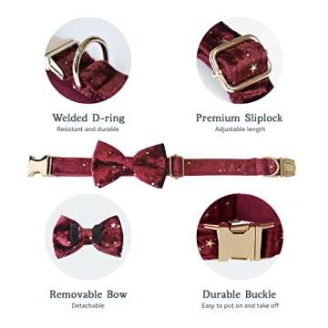 Hearos Bowtie Dog Collar Pet Gift Soft&Comfy Velvet Dog Collars with Detachable Bowtie Gold Metal Buckle for Puppy Small Medium Large Girl and Boy Dogs (XL, Red)