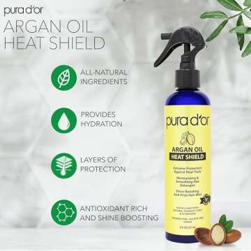 PURA D'OR 8 Oz Argan Oil Heat Shield Protectant Spray with Select Organic Ingredients, Protects Up T...