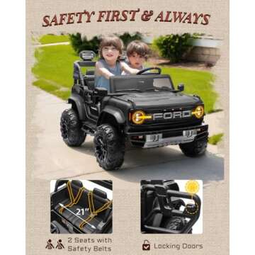 First Ride On 24V Ride on Toys for Big Kids, Licensed Ford Bronco Raptor Electric Car 2 Seater with Remote Control, Kids Ride on Cars w/ 2-Seater, 4.3 Mph Max Speed, Soft Start Function (24V, Black)
