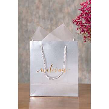Crisky Silver Specialty Paper Welcome Gift Bags Wedding Welcome Bags for Hotel Guests Shopping Merchandise Bags Party Bags Gift Bags Retail Bags， 25 pcs 4x8x10 inch