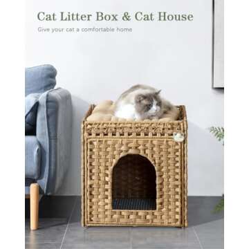 SETVSON Cat Litter Box Enclosure Furniture, Hidden Litter Box with Mat and Fence, Handwoven Rattan C...