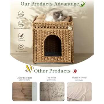 SETVSON Cat Litter Box Enclosure Furniture, Hidden Litter Box with Mat and Fence, Handwoven Rattan Cat House with Two S-Shaped Hooks for Living Room, Bedroom, 18.5 x 20.5 x 19.1 Inches (Natural)