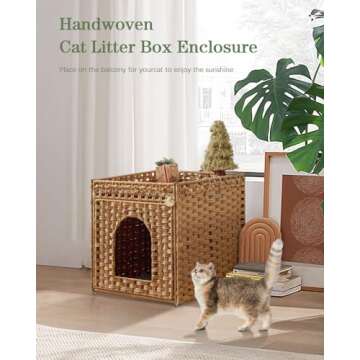 SETVSON Cat Litter Box Enclosure Furniture, Hidden Litter Box with Mat and Fence, Handwoven Rattan Cat House with Two S-Shaped Hooks for Living Room, Bedroom, 18.5 x 20.5 x 19.1 Inches (Natural)