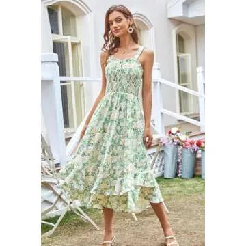 GRACE KARIN Women's 2025 Summer Floral Boho Dress Square Neck Strapped Swing A Line Sundress Beach Long Maxi OutfitsGreen White M