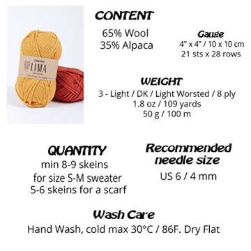 65% Wool and 35% Alpaca Yarn for Knitting and Crocheting, 3 or Light, Worsted, DK Weight, Drops Lima, 1.8 oz 109 Yards per Ball (1101 White)