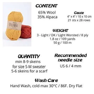 65% Wool and 35% Alpaca Yarn for Knitting and Crocheting, 3 or Light, Worsted, DK Weight, Drops Lima, 1.8 oz 109 Yards per Ball (1101 White)