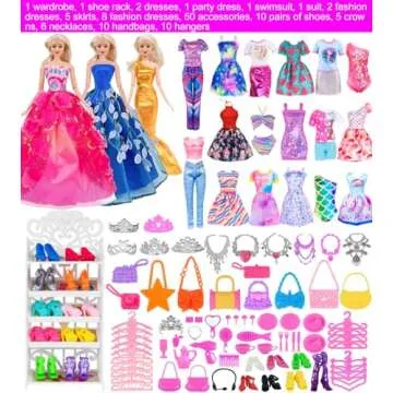 ebuddy 105 Pcs Doll Closet Wardrobe Set Closet Playest Toys Doll Clothes and Accessories for 11.5 Inch Girl Doll Including Wardrobe,Shoes Rack,Dress,Shoes Hangers,Necklace (No Doll)