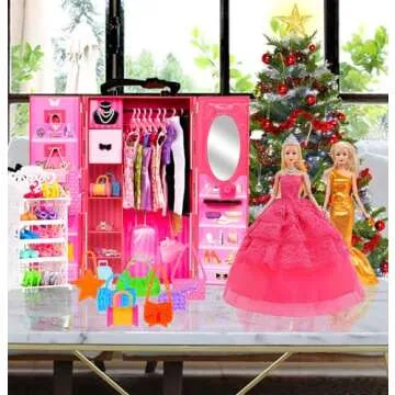 ebuddy 105 Pcs Doll Closet Wardrobe Set Closet Playest Toys Doll Clothes and Accessories for 11.5 Inch Girl Doll Including Wardrobe,Shoes Rack,Dress,Shoes Hangers,Necklace (No Doll)