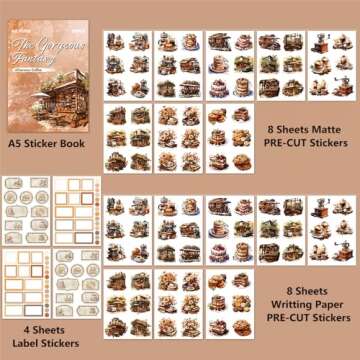 Dwpetzo Vintage Coffee A5 Sticker Book for Journaling, Pre-Cut Dual Material, Decorative Dissert Cak...