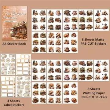 Dwpetzo Vintage Coffee A5 Sticker Book for Journaling, Pre-Cut Dual Material, Decorative Dissert Cak...