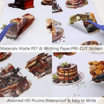 Dwpetzo Vintage Coffee A5 Sticker Book for Journaling, Pre-Cut Dual Material, Decorative Dissert Cake House Stickers for Adults Scrapbooking Supplies Junk Journals Art Crafts